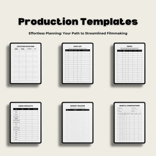 Production digital template pages inside the planner, location sheet, shot list, props, crew contacts, budget tracker and music composition sheet. 