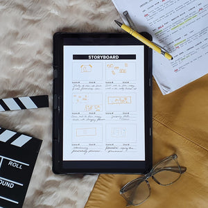 Storyboard page inside the digital filmmaking planner, with a real life drawing of a film idea. 