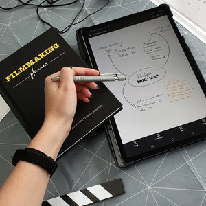 Filmmaking Planner Hardback, A5, yellow and black next to the digital planner on IPad with Mind Map page filled in with hand holding affirmation pen, Chase your dream. 