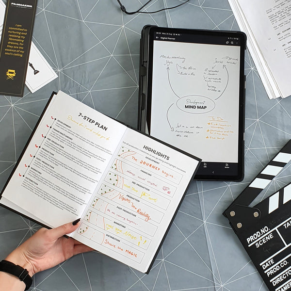 Filmmaking Planner Hardback, A5, open on the 7-Step Plan page and Highlight page filled in, next to the digital planner on IPad with Mind Map page filled in. 