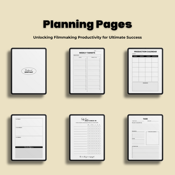 Planning pages inside digital filmmaking planner, mind map, weekly targets, production calendar, task