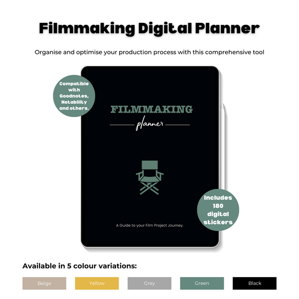 An AI mage of the filmmaking digital planner in the centre of the page with two circle shapes at the top left of the digital planner and one at the bottom right explaining that this planner is compatible with goodnotes, notability and others. Includes 180 stickers and showcases a variety of colour options from beige to black across the bottom of the image