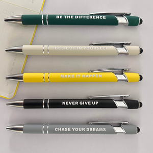 5 Affirmation pens in various colours green, beige, yellow, blcak and grey with empowering quotes 