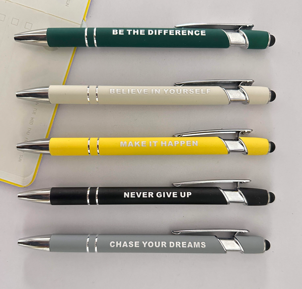 5 Affirmation pens in various colours green, beige, yellow, black and grey with empowering quotes 