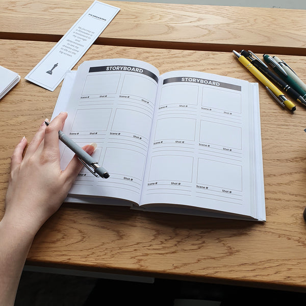 Storyboard  blank page, next to book mark and affirmation pens.